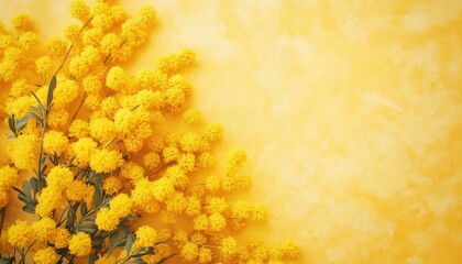 Top View Composition Of Soft Pastel Monochrome With Bright Yellow Mimosa Flowers, Empty Space Showing Fluffy Flower Tops. Trendy Spring Blossoms Still Life. Holiday Day Theme.