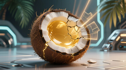 A cracked coconut reveals glowing golden oil in a high-tech, futuristic setting