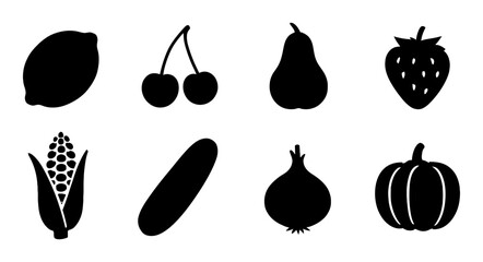 Fruit and vegetable silhouettes: lemon, cherry, pear, strawberry, corn, cucumber, onion, pumpkin