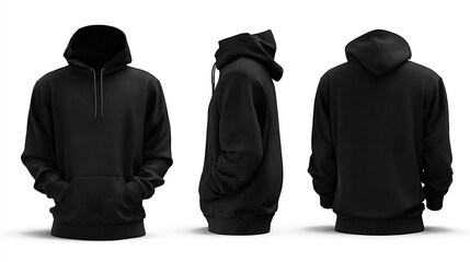 Black hoodie front view mock-up template. Side view and back view clothing. Apparel design and product display