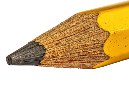 Close-up of a pencil point.  Wooden shaft, yellow colored exterior, dark gray graphite tip.  Detailed wood grain texture visible