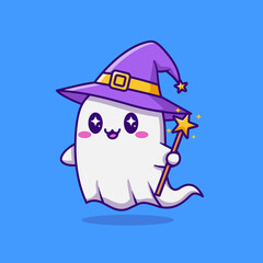 ghost wizard with purple hat cute cool cartoon vector hand drawn