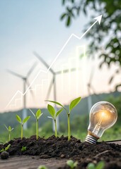 Growing green energy investments for a sustainable future with wind turbines and seedlings