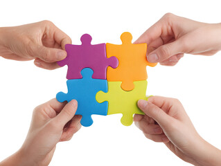 Four hands hold colorful puzzle pieces, joining to form a complete square
