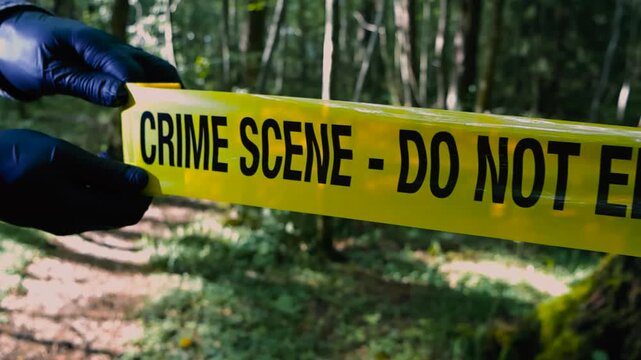 Police detective or investigator with black nylon forensic gloves unraveling or unrolling a yellow colored crime scene tape in front of a sunny and warm forest area in slow motion, sun backlighting it
