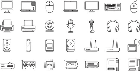 Modern digital technology devices and computer hardware outline icons collection, featuring essential electronic peripherals, internal components, and networking equipment for everyday use