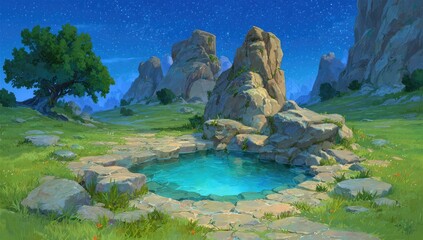 A tranquil, grassy meadow with a clear pool,  rocky outcrops, and a starry night sky