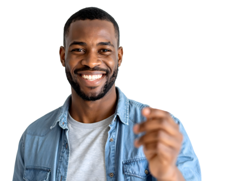 A cheerful young man with a genuine smile and beard points forward, conveying a sense of connection and welcome.