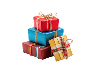 Obraz premium Stack of four colorful Christmas gift boxes tied with twine on black background present holiday, Isolated, Png Transparent Background