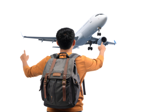 A person with a backpack points towards an airplane, symbolizing the excitement of upcoming travel and exploration.