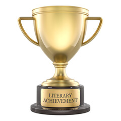 Literary achievement award trophy, gold cup prize. 3D rendering