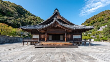Wooden temple stage, serene mountain backdrop