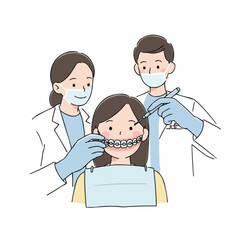 Dental professionals adjusting braces on young patient in clinic, isolated on white background     