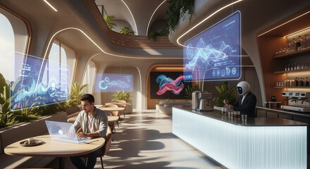 Futuristic Cafe Interior with Holographic Displays and Modern Technology