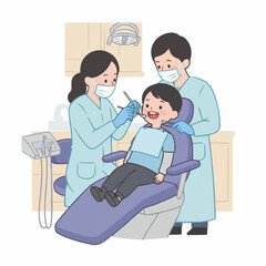 Child patient receiving dental care from professionals in clinic,  isolated on white background   