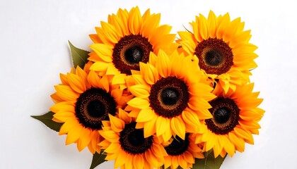 A cluster of six vibrant sunflowers arranged artfully on a white background