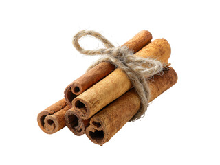Bunch of cinnamon sticks tied with twine on black background spice ingredient, Isolated, Png Transparent Background