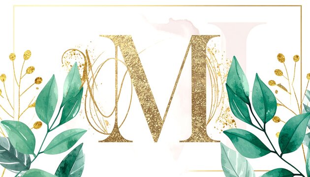A sophisticated design featuring the letter M, adorned with gold glitter and greenery, set against a pristine white background.
