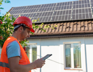 Engineer with Tablet Inspecting Solar Panels on Roof