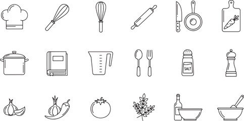 Kitchenware and Utensils Outline Icons Cooking, Baking, Food Preparation, and Culinary Tools