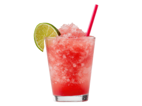 Red slushy cocktail in a clear glass with lime wedge and red straw on black drink frozen, Isolated, Png Transparent Background - Powered by Adobe