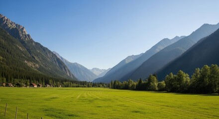 Obraz premium Green Meadow in the Alps under Clear Blue Sky