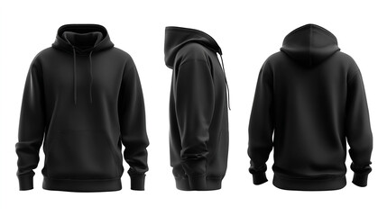 Mock-up template black clothing hoodie. Front view side view back view. Apparel design and product mockup
