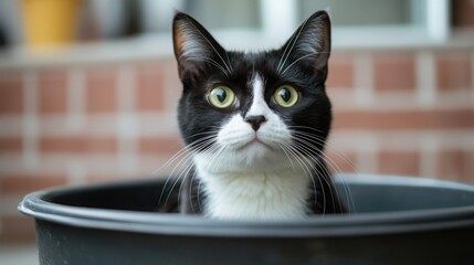 Curious cat relaxing in a black pot on a sunny afternoon