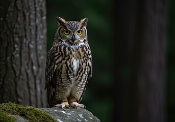 Striking owl portrait with piercing yellow eyes gazing intently in its natural habitat, perfect for nature documentaries, wildlife conservation campaigns, and educational resources