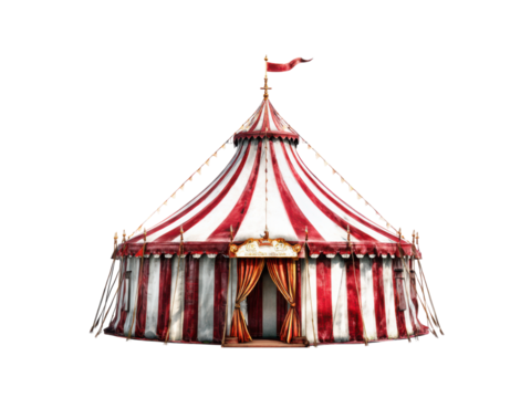 Red and white striped circus tent with gold trim and red flag image, Isolated, Png Transparent Background