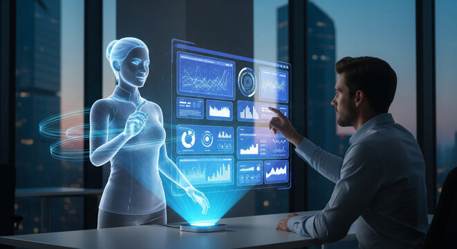 Futuristic Business Meeting with AI Hologram and Data Visualization in Modern Office