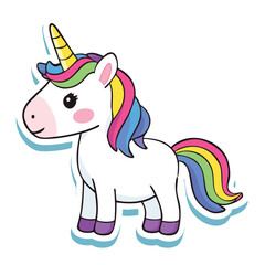 Cute white unicorn with rainbow mane and tail mythical creature fantasy