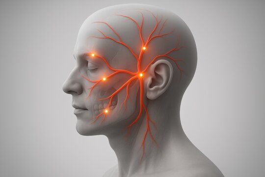 Semi-transparent 3D render of human head silhouette in profile with trigeminal nerve branches glowing yellow and multiple red points along one side, symbolizing migraine pain transmission