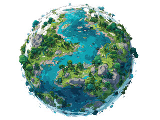 Fototapeta premium Stylized globe, stylized Earth, with diverse landscapes. Dense forests, watery regions, icy caps, and rocky outcrops