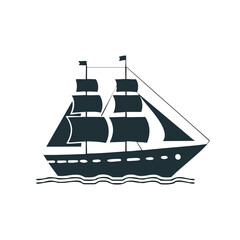 Dark blue sailing ship with full sails on wavy water vessel boat