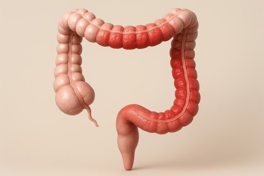 3D anatomical render of large intestine in pale pink tones with mucosal lining diffusely inflamed and bright red, extending continuously from rectum upward, symbolizing ulcerative colitis
