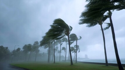 A strong storm brews over a coastal road. In the image, trees are bending under fierce wind. The atmosphere is moody and dramatic, perfect for weather-related themes. AI