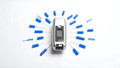 A light gray medical device is surrounded by a radiant pattern of small, bright blue tools, arranged in a sunburst formation on a plain white surface.