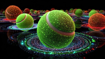 Abstract tennis balls, glowing,  colorful,  digital