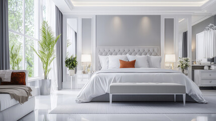 Serene and modern bedroom featuring large bed with white bedding, elegant decor, and natural light streaming through large