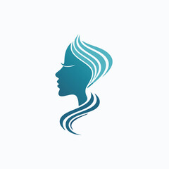 Elegant blue gradient profile of a woman with flowing hair silhouette face