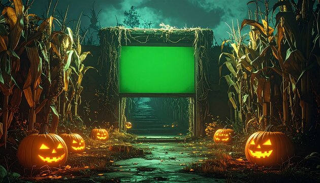 Eerie Halloween night scene with glowing jack-o'-lanterns and cornfield leading to a mysterious portal, featuring a green screen for custom content insertion