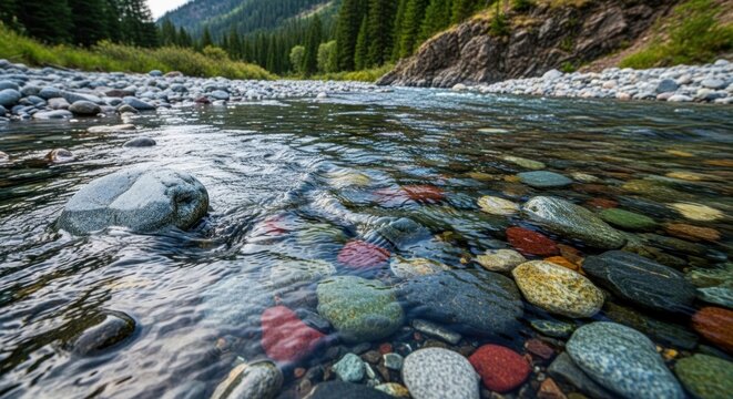 Crystal Clear River Reveals a Mosaic of Colorful Submerged Stones - Powered by Adobe