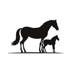 Black silhouette of a horse and foal standing together white background