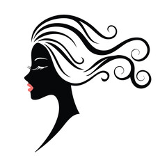 Elegant woman profile with flowing hair and pink lips silhouette black