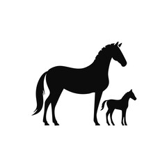 Black silhouette of a horse and foal standing white