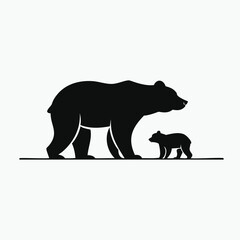Black silhouette of a mother bear and cub walking animal wildlife