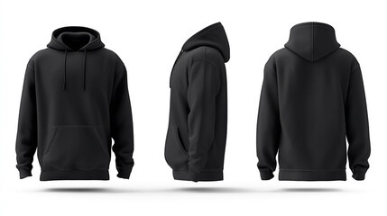 Realistic obsidian colour hoodie textile mock-up template. Front view side view back view. Clothing design and product display