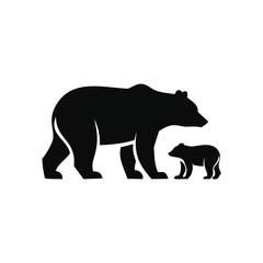 Black silhouette of a mother bear and cub walking animal wildlife