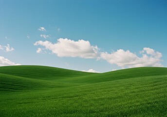 Fototapeta premium Vibrant rolling green hills and meadows under a bright blue sky with fluffy white clouds, evoking a peaceful and idyllic natural landscape.